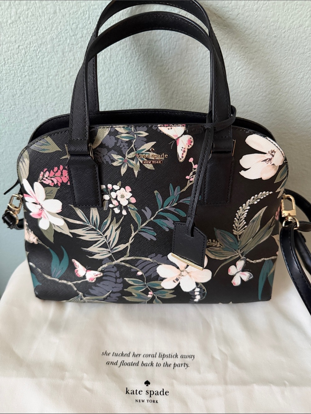 kate spade Black Floral Dome Satchel with Pink & Green Accents